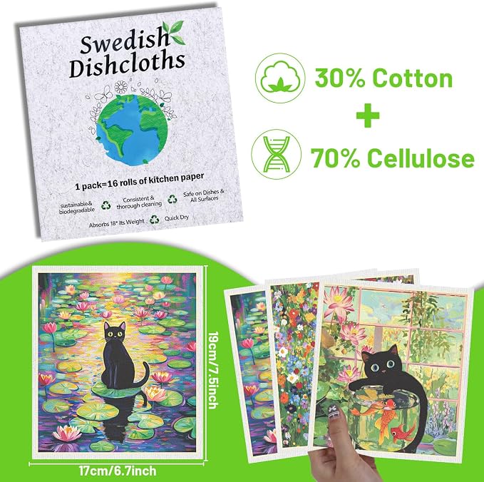 Swedish Dishcloths for Kitchen, 6 Pack Oil Painting Black Cat Reusable Paper - Image 2