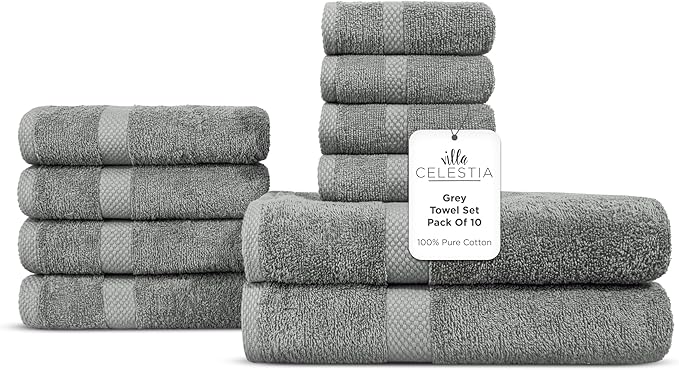 100% Combed Cotton Bathroom Towel Set of 10- 2 Bath Towels, 4 Hand Towels by VillaCelestia