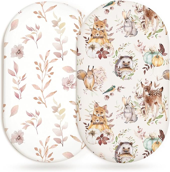 Bassinet Sheets for Baby Girls Boys 2 Pack, Fitted Baby Mattress Sheet for Rectangle, Oval, Hourglass Bassinet Mattress, Breathable Cozy & Universal Fit (Forest Friends)