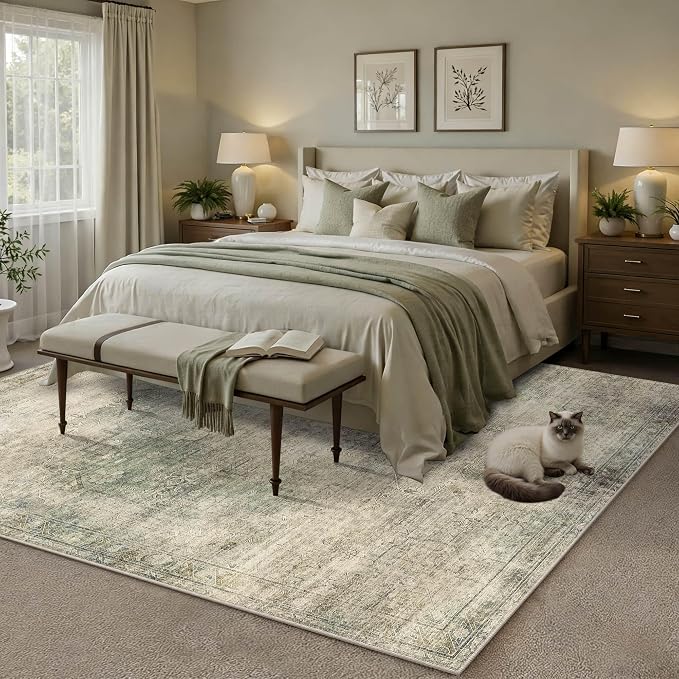 Vintage 8x10 Living Room Green Rugs, Washable Large Area Rugs - Image 3