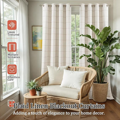 Plaid Curtains Pattern Printed 90 Inches Long - Total Linen Blackout Curtains for Living Room, Boho Cottage Core Grommet Drapes for Farmhouse Thermal Drapery 52x90 Inch 2 Panels, Natural