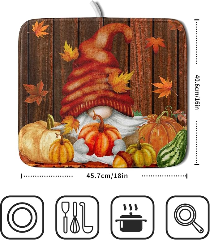 Fall Gnome Dish Drying Mat for Kitchen Counter, Autumn Pumpkin Maple Leaves - Image 2