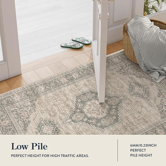 Lahome Oriental Washable Rug Runner, 2x8 Ultra-Thin Hallway Runner Rug with Rubber Backing, Distressed Non Skid Long Carpet for Kitchen Entryway Laundry Room, Grey/Brown