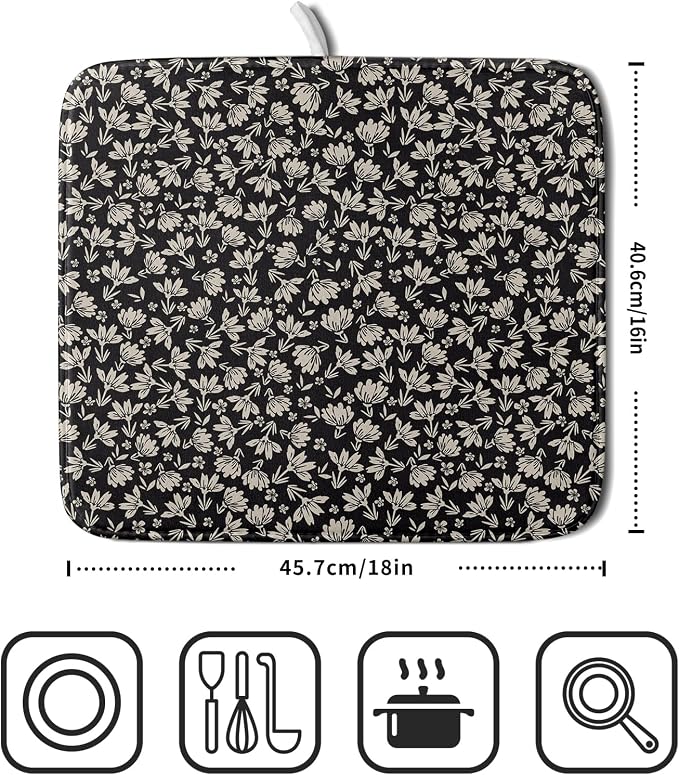 Floral Dish Drying Mat for Kitchen Counter 18x16 Inch Black Flower Drying Mat - Image 4