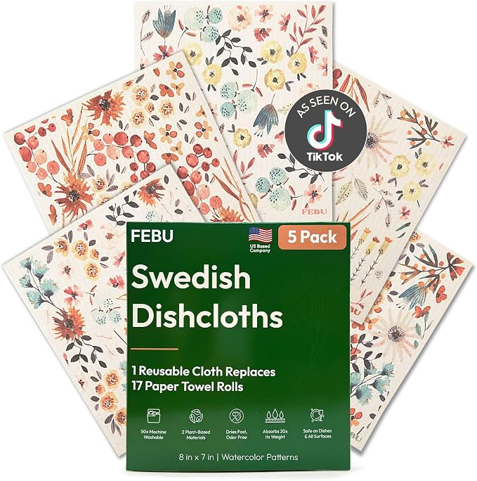 FEBU Swedish Dishcloths for Kitchen | 5 Pack Watercolor Reusable Paper Towels by FEBU