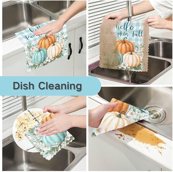Kitchen Towels Hello Fall Pumpkins Teal Buffalo Plaid Check Dish Towels - Image 2