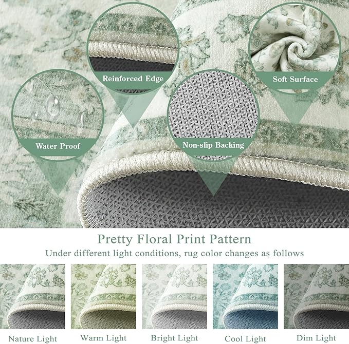 Moynesa Vintage Washable Green Runner Rug for Hallway 2x6, Retro Farmhouse Runner for Entryway Kitchen Bathroom Bedroom, Low Pile Soft Non-Slip Accent Carpets for Indoor Nursery