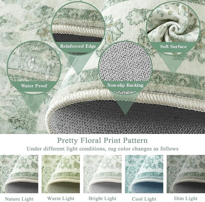Moynesa Vintage Washable Green Runner Rug for Hallway 2x6, Retro Farmhouse Runner for Entryway Kitchen Bathroom Bedroom, Low Pile Soft Non-Slip Accent Carpets for Indoor Nursery