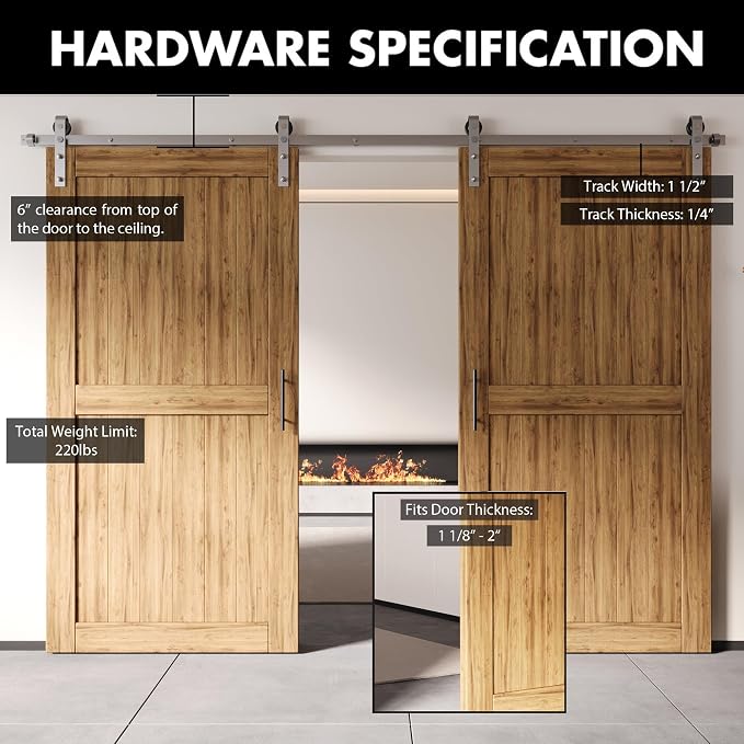 Homacer Brushed Nickel Non-Bypass Sliding Barn Door Hardware Kit, - Image 2