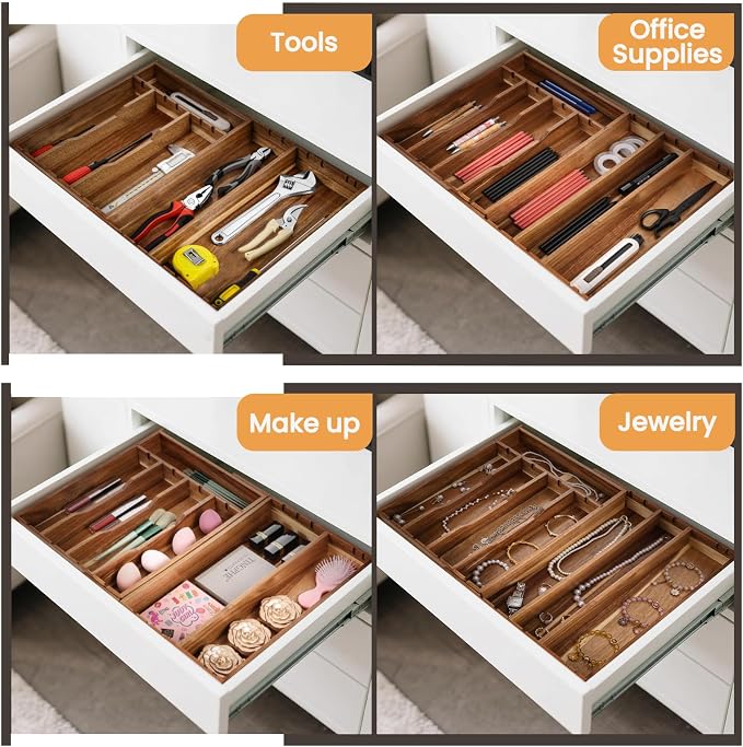Acacia Wood Silverware Drawer Organizer, 21 Inch Adjustable Cutlery Tray - Image 7