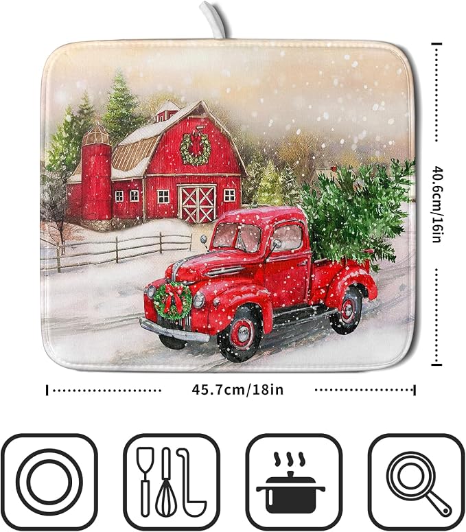 Red Truck Dish Drying Mat Xmas Tree Dish Drainer Rack Mat Winter Microfiber - Image 2