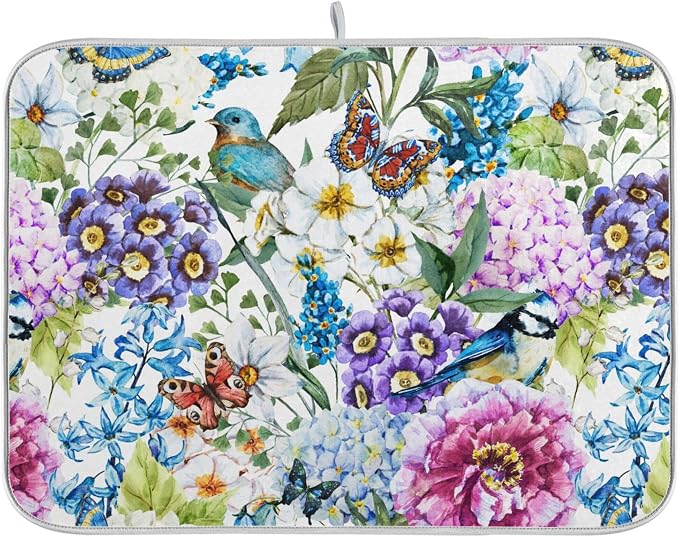 Floral Birds Dish Drying Mat for Kitchen Spring Globe Daisy Butterfly Flowers by Wamika