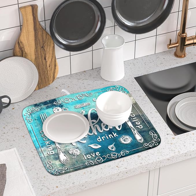 Blue Grey Dish Drying Mat 16x18 Inch Cooking Delicious Absorbent Drying Pad - Image 6