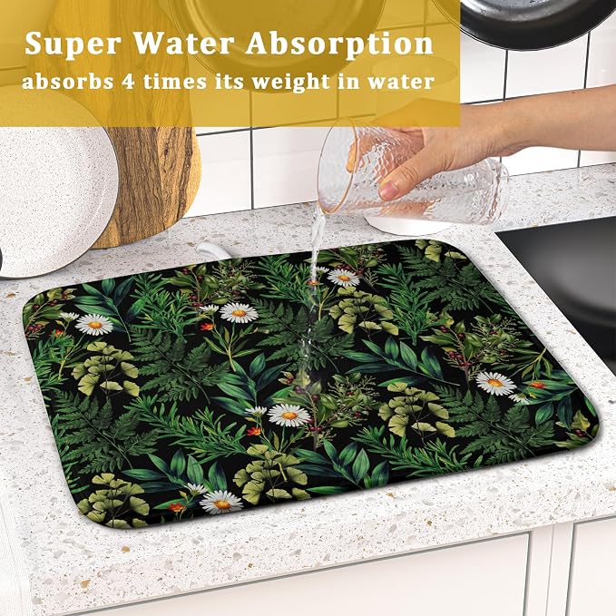 Green Botanical Dish Drying Mat 16x18 Inch Plant Leaf Fast Dry Dish Drainer - Image 7