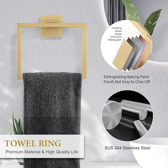 TNOMS 6-Piece Bathroom Hardware Set 23.6 Inch Gold Towel Bar Set Double Towel - Image 4