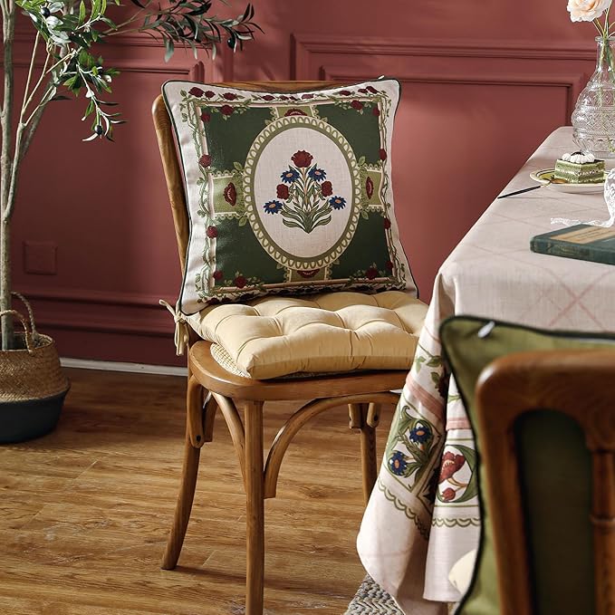 ISAENNE Design Linen Square Throw Pillow Covers 18"x18" Pack of 2, Yellow Green French Cushion Covers with Red Rose Floral Pattern Decoration Pillowcases for Bed, Living Room, Outdoor, Car