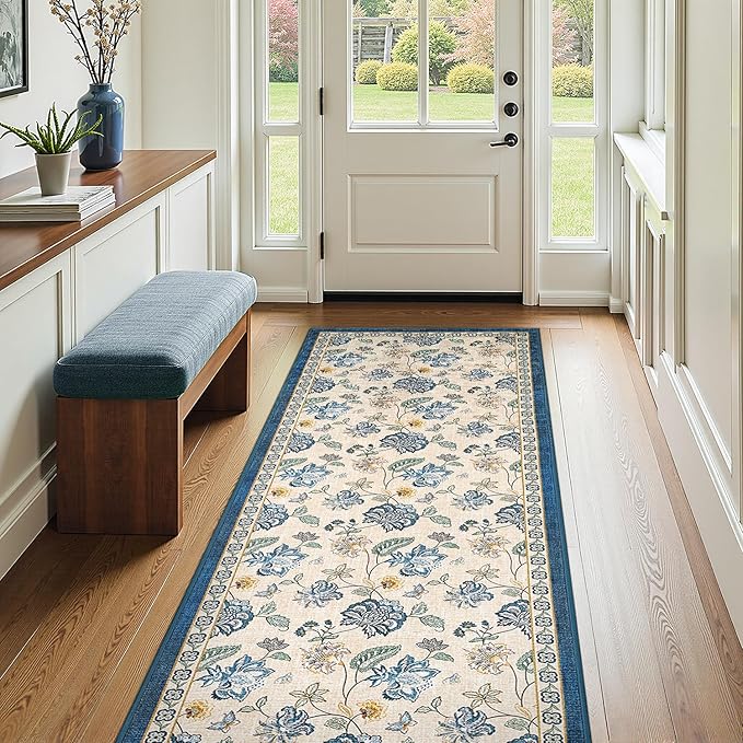 jinchan Elora 3x8 Floral Runner Rug for Hallway Washable Kitchen Runner Vintage Romance Design Non Slip Thin Indoor Floor Cover Low-Profile Throw Carpet for Entryway Bathroom Bedroom Porch, Blue/Beige