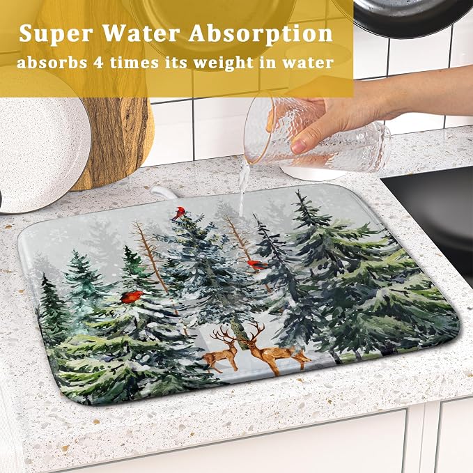 Pine Tree Dish Drying Mat for Kitchen Counter 16x18 Inch Forest Deer Absorbent - Image 7