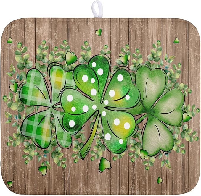 St Patricks Day Wooden Plank Shamrock Drying Mat by Wnoesat