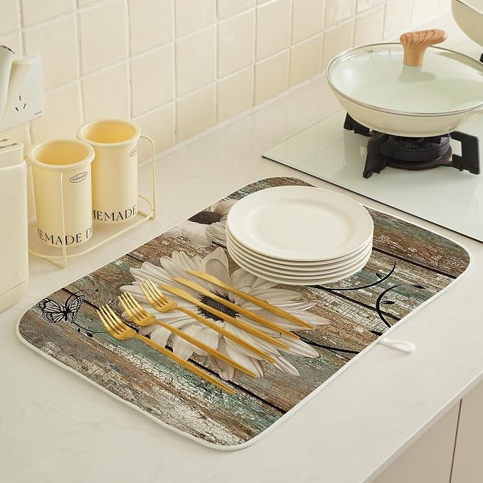 Rustic Daisy Dish Drying Mats 18x24 Inch Vintage Sunflowers on Wooden Board - Image 3