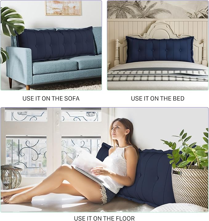 Large Bolster Reading Pillow Full Backrest Positioning Support Pillow Daybed Cushion Headboard Pillows for Bed Bunk Sofa with Removable Cover, Dark Blue, 54x3x20 Inch