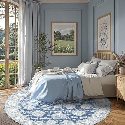 jinchan Fiora Round Rug 8ft Area Rug - Dark Blue Vintage Floor Mat Indoor Ultra-Thin Soft Floral Print - Washable Circle 8' Retro Accent for Farmhouse Non Slip Dining Room Living Room Bedroom Office