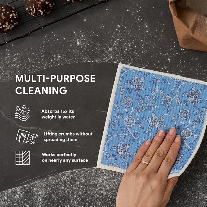 RECYCO Swedish Dishcloths for Kitchen | 6 Pack Heritage Florals Blue Washable - Image 4