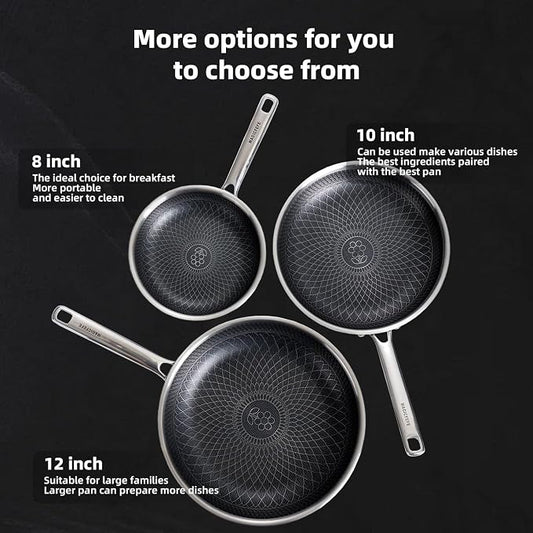 Non Stick Frying Pan without Lid, 8+10+12 Inch, Hybrid Frying Pans Set Nonstick - Image 2