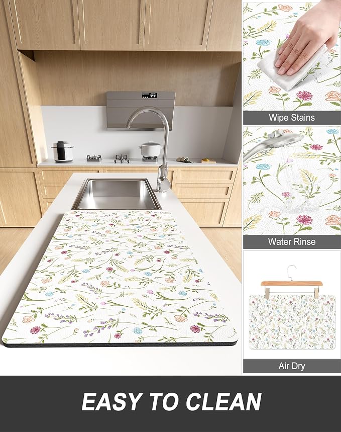 Rnivvi Dish Drying Mat for Kitchen Counter, 12 x 19" Cute Flower Theme Super - Image 6
