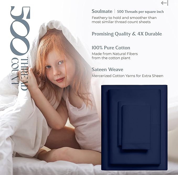 Mayfair Linen 100% Cotton Bed Sheets Queen Set - 500 Thread Count Cotton Sheets for Queen Size Bed, 4 PC Set (Navy Blue), Ultra Soft, Cooling, Sateen Weave 16" Deep Pocket Bedsheet for Hot Sleepers