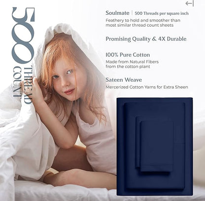 Mayfair Linen 100% Cotton Bed Sheets Queen Set - 500 Thread Count Cotton Sheets for Queen Size Bed, 4 PC Set (Navy Blue), Ultra Soft, Cooling, Sateen Weave 16" Deep Pocket Bedsheet for Hot Sleepers