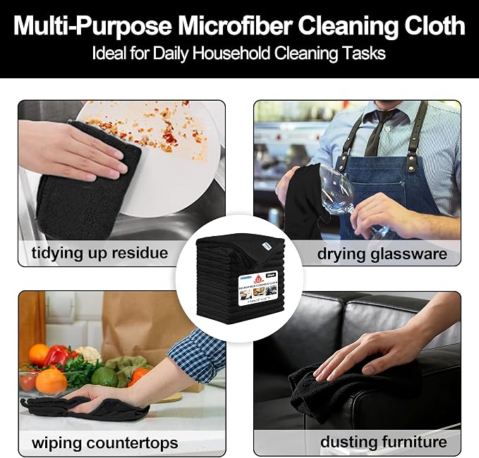 HOMERHYME Microfiber Cleaning Cloth, 12 Pack Black Cleaning Rags, Reusable - Image 8