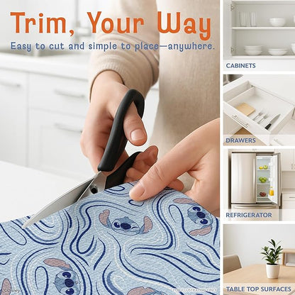 Disney Non Adhesive Shelf Liner – 18”x 10 ft Water-Resistant Drawer Liners for Kitchen Cabinets, Pantry, Fridge & Dressers – Easy Cut Cabinet Liner Roll- Mickey Mouse, Stitch & Winnie The Pooh