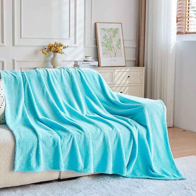 NEWCOSPLAY Super Soft Throw Blanket Turquoise Premium Silky Flannel Fleece Leaves Pattern Lightweight Bed Blanket All Season Use (Turquoise, Throw(50"x60"))