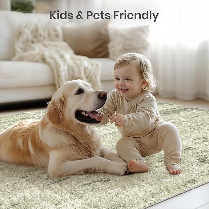 Valenrug Washable Rug 6x9 - Stain Resistant 6x9 Area Rugs for Living Room, Non Slip Backing Printed Rugs for Bedroom, Folable Machine Washable Area Rug(Green,6'x9')