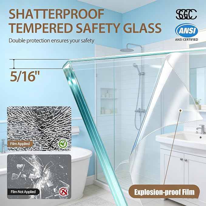 Frameless Shower Door, 56-60" W x 75" H 5/16" 8mm Glass Sliding Shower Doors - Image 4