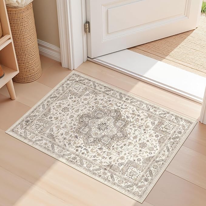 Vintage Living Room Area Rug 2x3 - Large Soft Washable Oriental Traditional Distressed Farmhouse Rugs for Bedroom - Indoor Floor Accent Carpet for Home Office House Decor -Light Brown