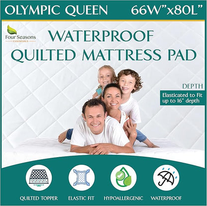 Olympic Queen Size Waterproof Mattress Pad - Fitted Mattress Protector with Quilted Pillow Top Mattress Topper - Premium Quality Hypoallergenic Mattress Cover (66”x80”) Super Queen