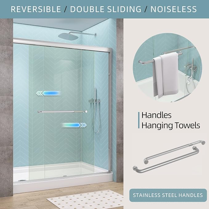 GETPRO Semi-Frameless Shower Door Double Sliding 62-66 in. W x 72 in. H Bypasss - Image 2