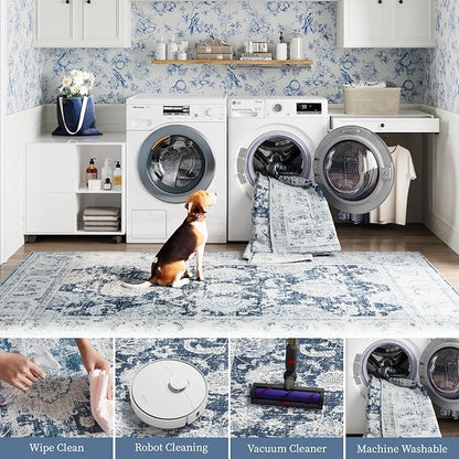 jinchan Fiora 8x10 Area Rugs for Living Room Machine Washable Vintage Floral Distressed Design Stain Resistant Boho Carpet Low Pile Non-Slip Rug for Bedroom Dining Room Home Office (8‘x10', Dark Blue)