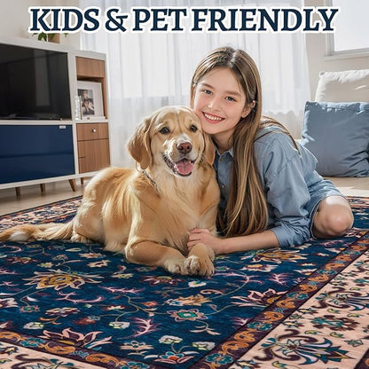Tangspp Floral Washable Runner Rug, 2x5 Rug Runners for Hallways Non Slip, Vintage Boho Runner Rug for Entryway Indoor, Blue Print Carpet Runner, Soft Low Pile Runner for Kitchen Bedroom Navy Blue