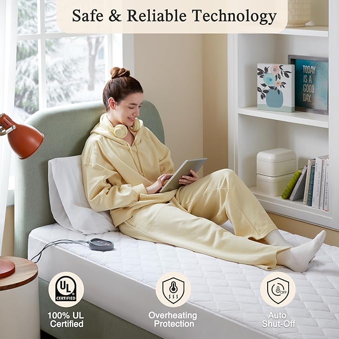 Beautyrest Cotton Blend Heated Mattress Pad Secure Comfort Technology - Luxury Quilted Electric Mattress Pad with Deep Pocket - 5-Setting Heat Controllers, Twin, White