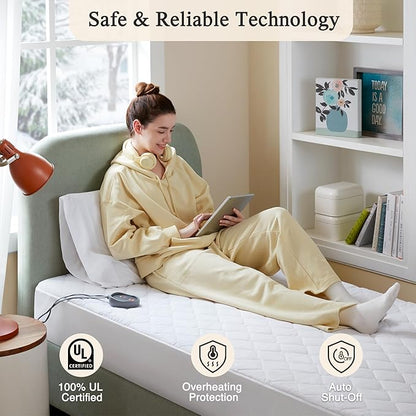 Beautyrest Cotton Blend Heated Mattress Pad Secure Comfort Technology - Luxury Quilted Electric Mattress Pad with Deep Pocket - 5-Setting Heat Controllers, Twin, White