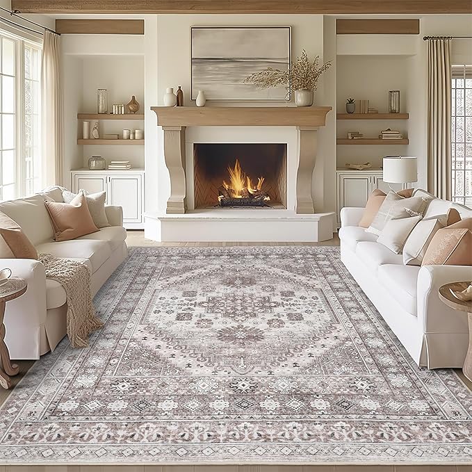 zesthome 9x12 Area Rugs,Stain Resistant Washable Rug,Ultra-Thin Rugs for Living Room,Bedroom,Non-Slip Backing Home Decor Large Area Rug (Brown/Beige,9'x12')