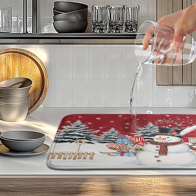 Christma Snowman Dish Drying Mat Winter Snowflake Large Kitchen Mats Dish - Image 2