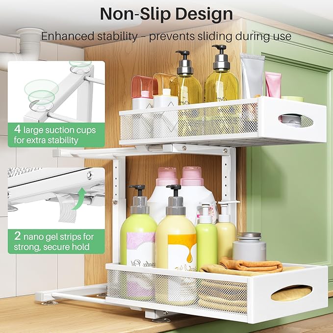 Under Sink Organizer, 2 Pack 2 Tier Pull out Cabinet Organizer Baskets - Image 6