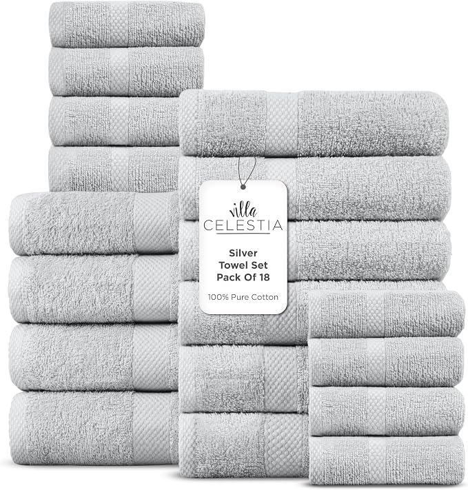100% Cotton Bath Towel Set of 18-4 Bath Towels, 6 Hand Towels, 8 Wash Cloths by VillaCelestia