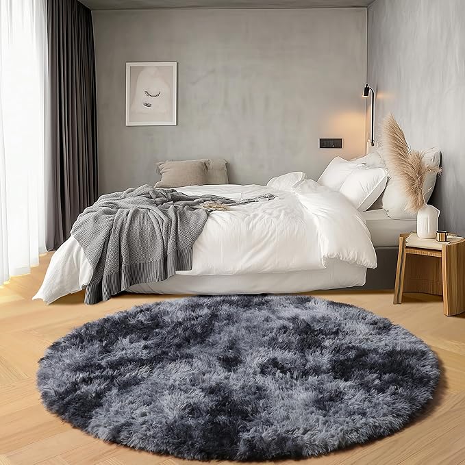 ONASAR Tie-Dyed Dark Grey Round Area Rug 4ft, Ultra Soft Bedroom Circle Rugs for Kids Girls Boys Teen, Fluffy Plush Shaggy Carpet Floor Mats for Nursery Dorm Living Room Office Home Decor