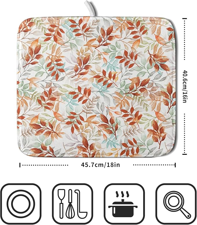 Fall Dish Drying Mat for Kitchen Counter 16x18 Burnt Orange Leaves Autumn - Image 2