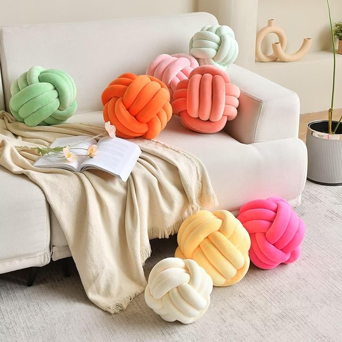 Decorative Throw Knot Pillow Ball for Home Chair Sofa Couch Bed Aesthetic Round Velvet Knotted Pillow Cushion (Hot Pink, 8inches)